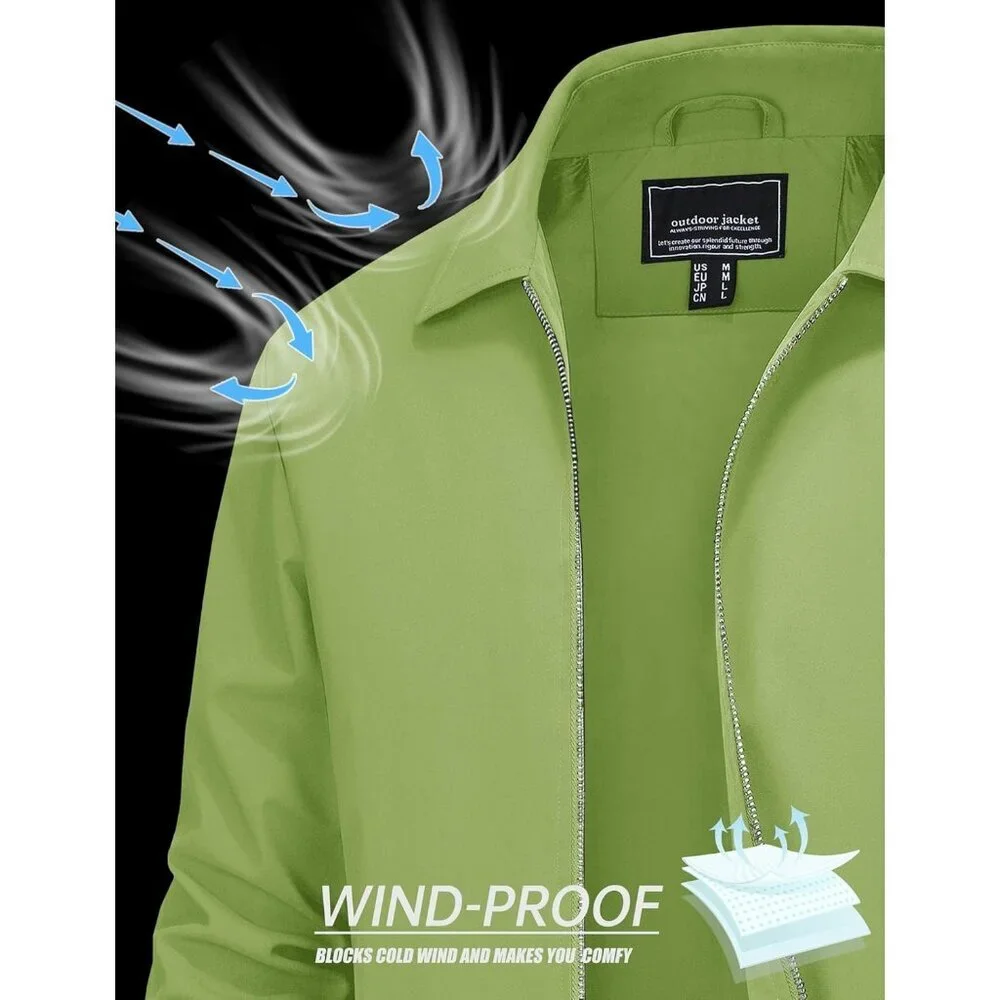 Men's Stylish Jackets Coat Gray Olive Green Lightweight Casual Zip Pockets Golf